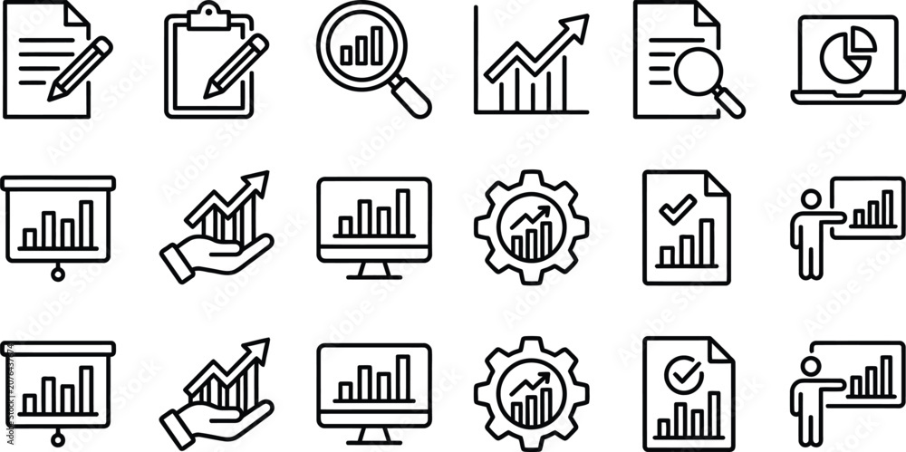 Fototapeta premium Black line icons for business analytics and data visualization tools