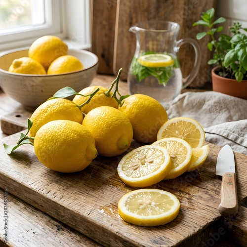 Fresh lemons sliced and whole on wooden board with pitcher of lemon water in rustic kitchen setting