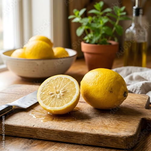 Fresh citrus fruits on wooden cutting board with natural kitchen lighting