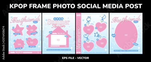 Kpop Photo Frame Social Media Template Bundle, Cute Pastel Pink Blue Best Friends Story, Y2K Korean Aesthetic, Heart Star Shape, EPS Vector