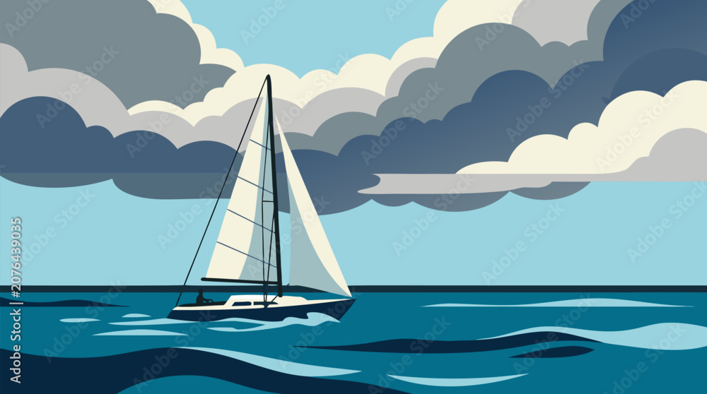 Fototapeta premium Clean flat vector illustration on a light background depicts a sailboat crossing calm blue ocean under layered storm clouds, suitable for sailing club or marine travel branding.