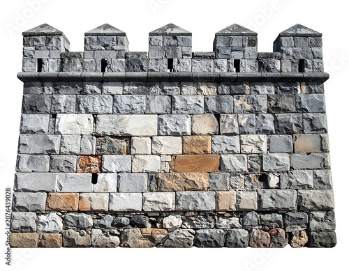 Rustic stone wall with vintage architectural details and window openings.