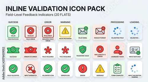 Collection of validation icons for feedback indicators on a digital interface