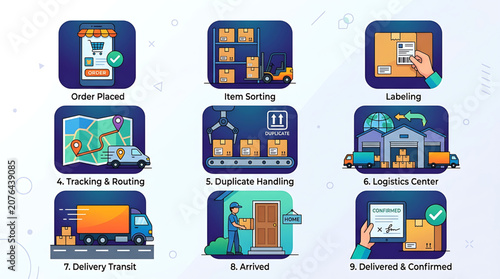 Logistics process steps illustrated in icons from order to delivery transit