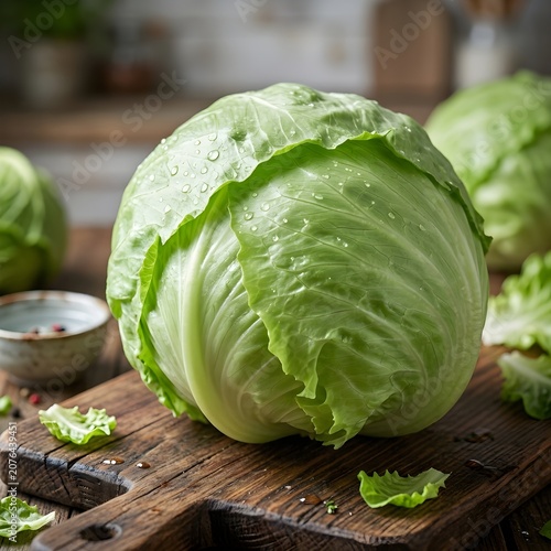 Fresh whole green cabbage head on wooden cutting board with outer leaves in natural light