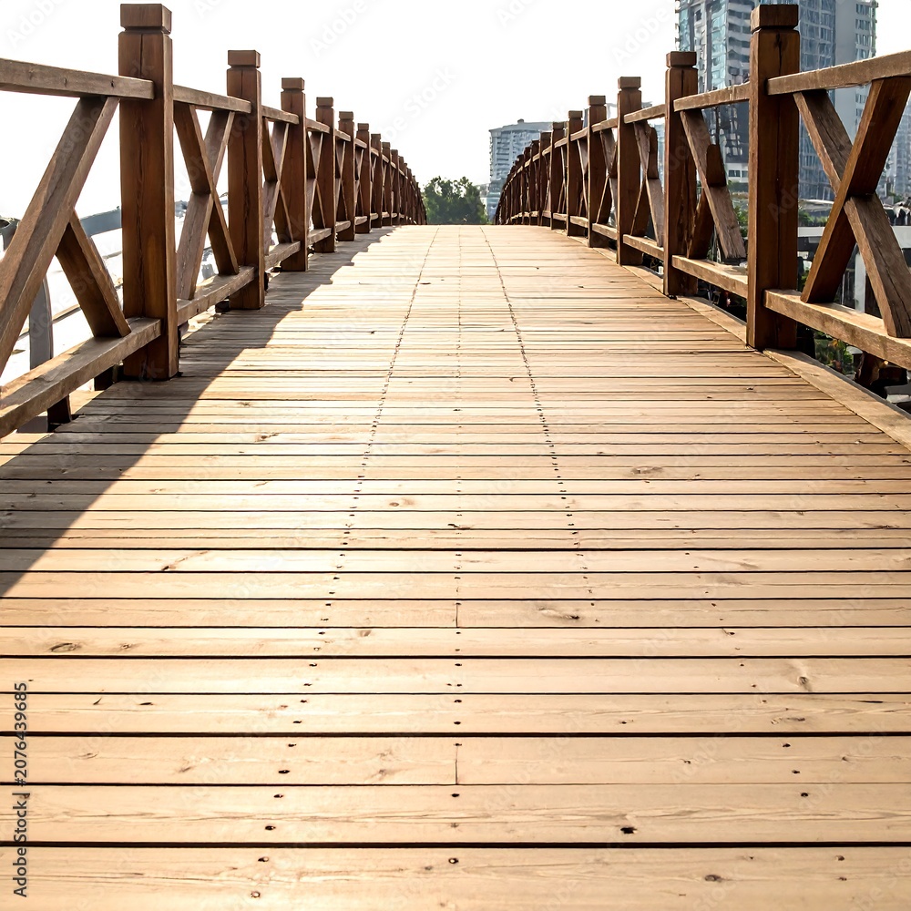 Fototapeta premium Wooden boardwalk with metal railings in park setting.
