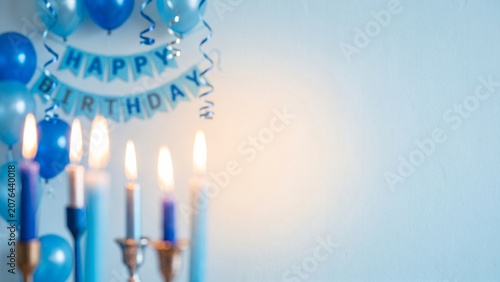 Blue Birthday Celebration Background with Candles and Balloons