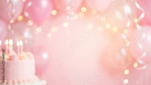 Pink Birthday Cake with Candles and Balloons Background
