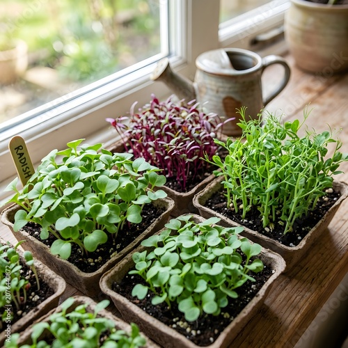 Fresh microgreens growing in wooden tray near bright window with ceramic mugs