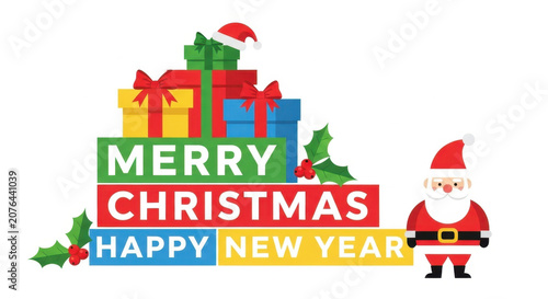 Whimsical christmas gifts with santa claus illustration celebrating holiday season and happy new year with festive presents and red berries.