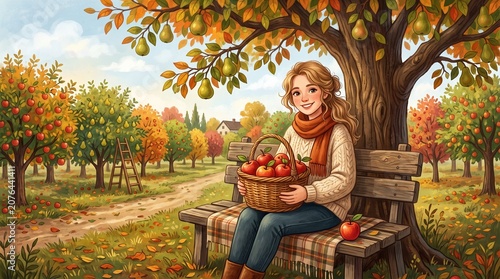 Smiling young woman sitting on a rustic bench holding a wicker basket full of red apples inside a beautiful autumn orchard with pear and apple trees