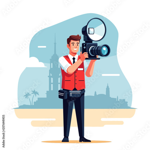 Photojournalist Capturing Cityscape with Professional Camera and Flash