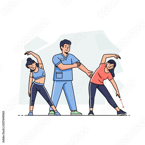 Physical Therapist Helping Women Stretch During Rehabilitation Exercise