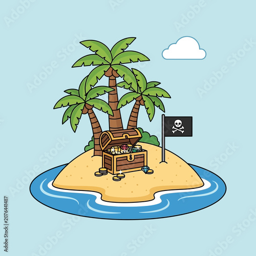 Pirate Treasure Island with Palm Trees and Jolly Roger Flag