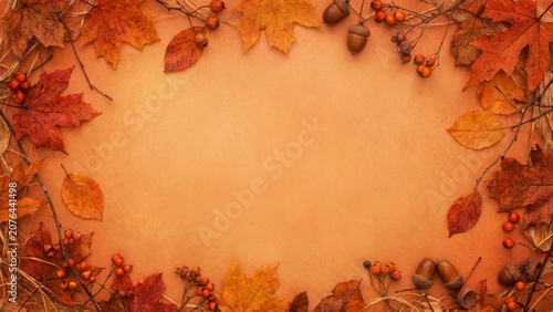 Autumn Leaves and Acorn Border Background with Copy Space