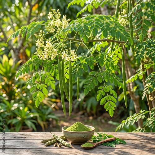 Fresh green moringa leaves and seeds in wooden bowl on rustic table outdoors