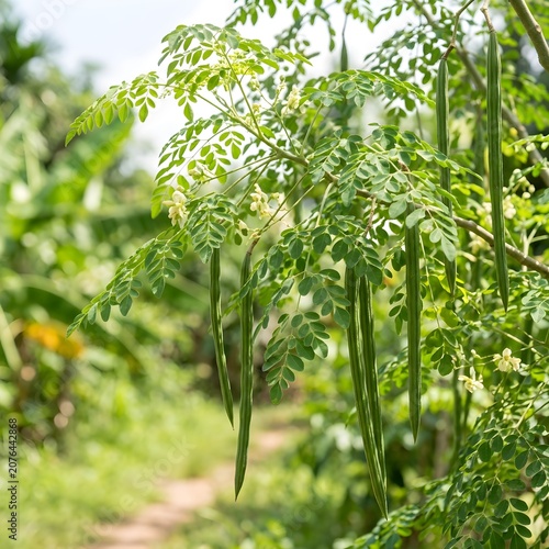 Fresh Green Moringa Leaves Growing in Sunny Organic Garden Close Up
