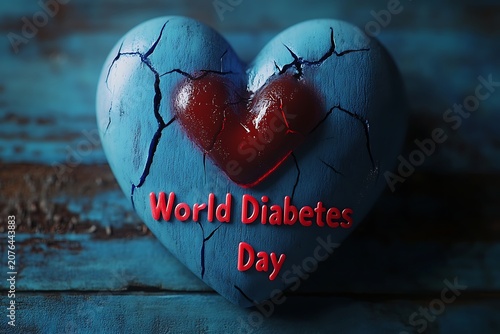 World diabetes day concept with cracked blue heart and glowing red core