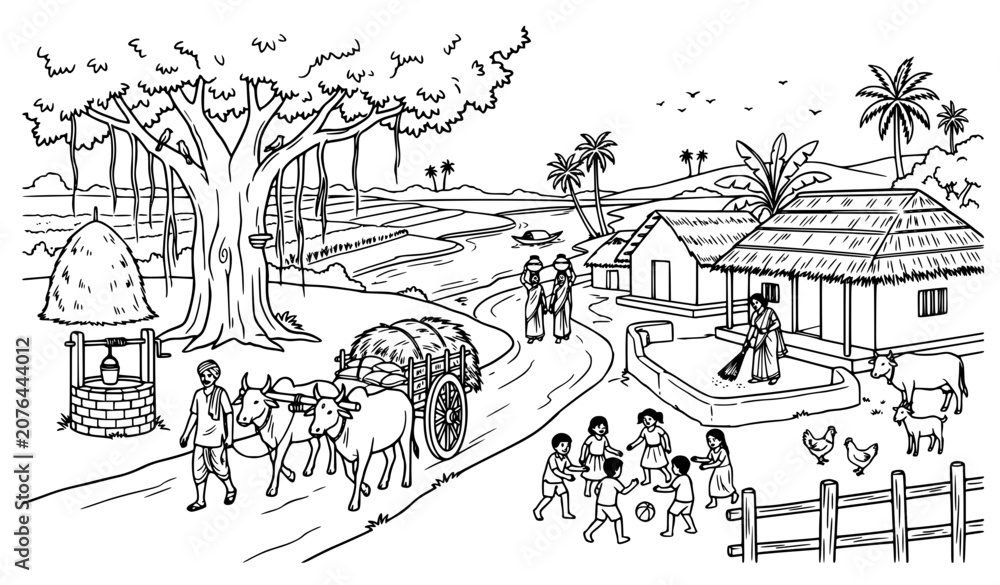 Obraz premium Black and White Indian Countryside Daily Routine Line Drawing Vector Illustration