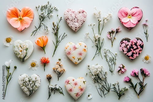 Flat lay composition of heartshaped floral decorations and fresh flowers