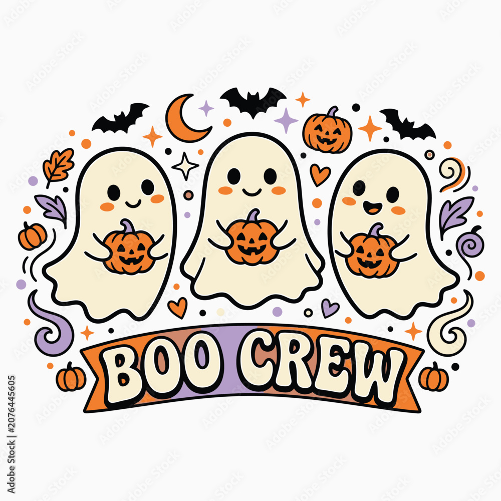 Fototapeta premium Cute halloween ghost trio with pumpkins 'boo crew' design for festive fall decorations and apparel