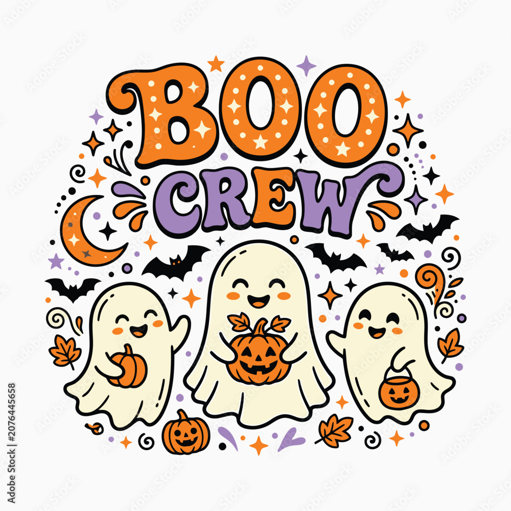 Fototapeta premium Cute halloween ghost crew illustration festive spooky ghosts with pumpkins for autumn holiday designs