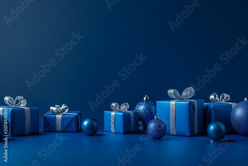 Blue christmas gift boxes and ornaments on a blue background