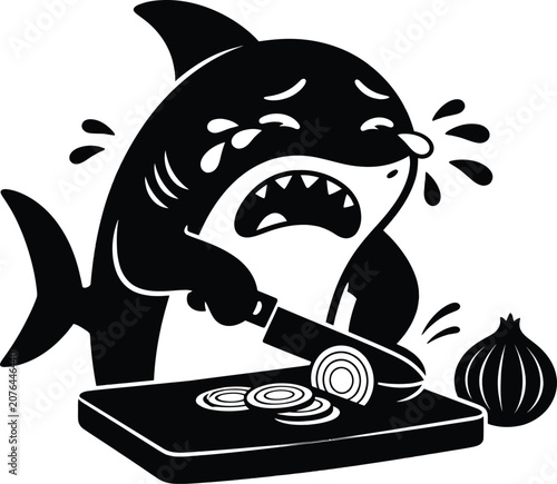 Cute cartoon shark crying while cutting a fresh onion on a wooden cutting board
