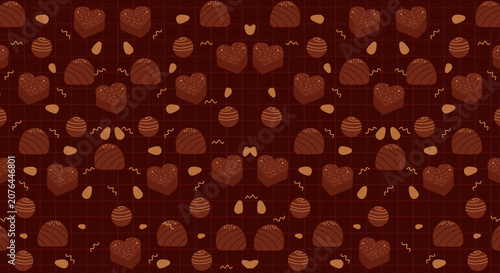 Seamless Assorted Chocolate Praline Pattern Background with Heart Shapes. Illustration Vector