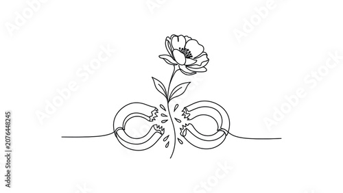 Minimalist line art illustration featuring a blooming flower growing between two broken horseshoe magnets.