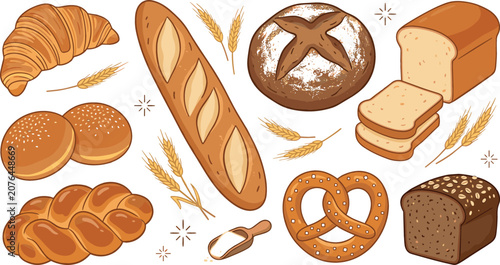 Photos Bakery products vector collection featuring french baguette crispy croissant sli