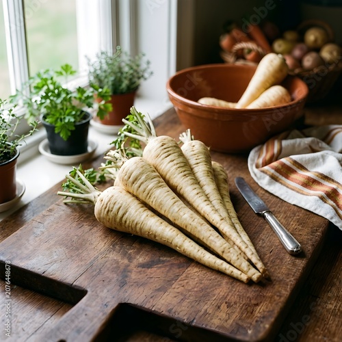 Fresh raw parsnips on wooden cutting board in rustic kitchen setting with herbs and vegetables