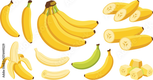 Foto Fresh yellow banana vector collection featuring whole bunch single unpeeled gree