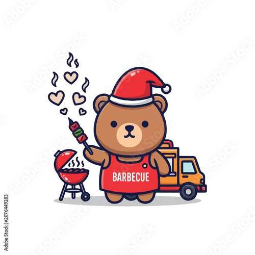 Obraz na plátně Cartoon bear wearing santa hat barbecue.