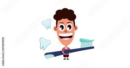vector animation of a boy holding a giant toothbrush and smiling, showing his white teeth.