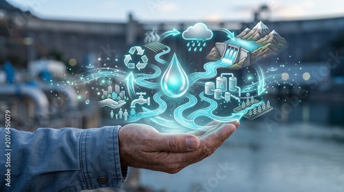 Conceptual illustration of sustainable water management and the water cycle held in human hands, featuring hydroelectric power, agriculture, urban usage, and recycling icons