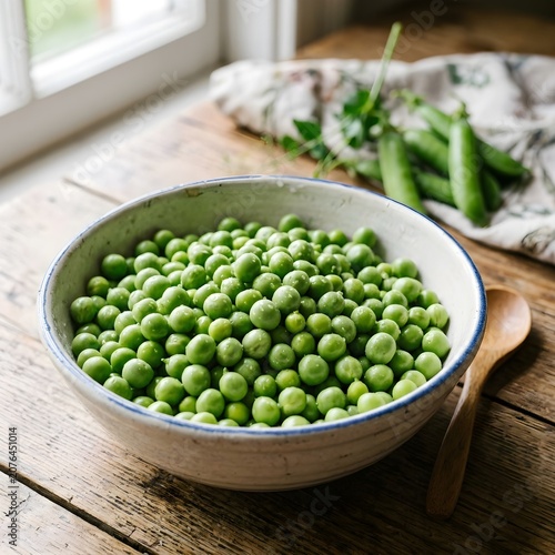 Fresh green peas in ceramic bowl on wooden table with natural light