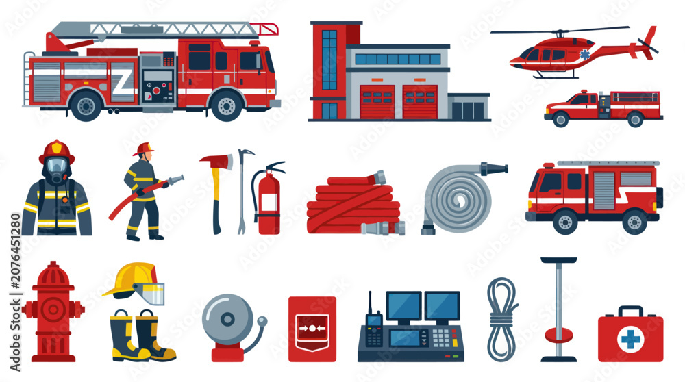 Fototapeta premium Flat Design Firefighting and Emergency Services Equipment, Vehicles, and Personnel Vector Set