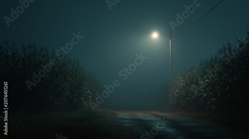 Spooky Rural Road at Night Lit by a Single Streetlight in Foggy Cornfield