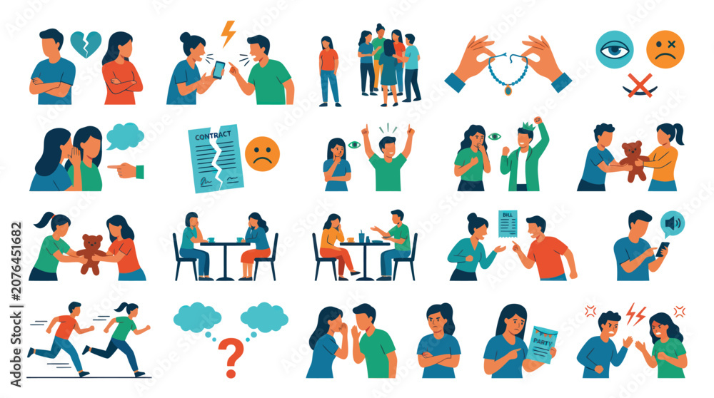 Fototapeta premium Flat Design Icons: Relationship Conflicts, Emotions, Misunderstandings, and Problems