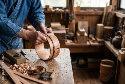 Artisan hands crafting traditional Japanese Magewappa bentwood box 