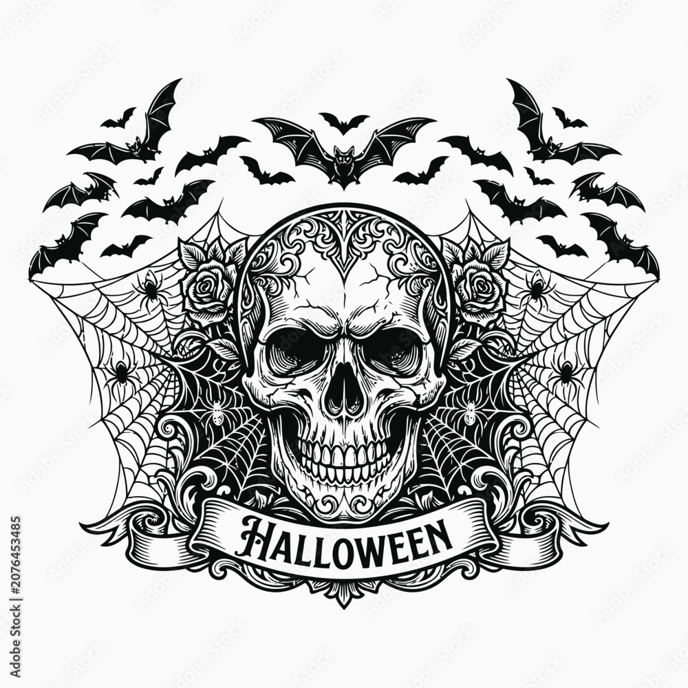 Fototapeta premium Vintage halloween ghost skull design with bats and floral elements for spooky season decorations