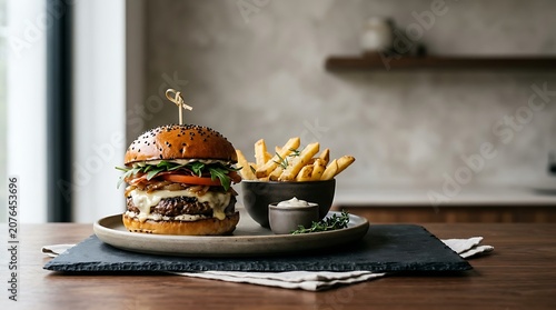 Delicious burger and fries on plate.