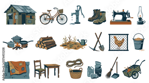Rustic Farm Life Flat Icons: Barn, Bicycle, Tools, Chicken, Wagon, Lamp