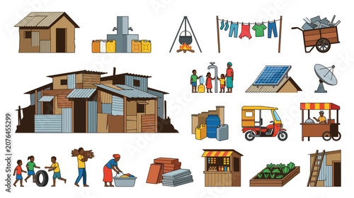 African Village Life Flat Icons: Homes, Water, Food, Transport, Solar Power