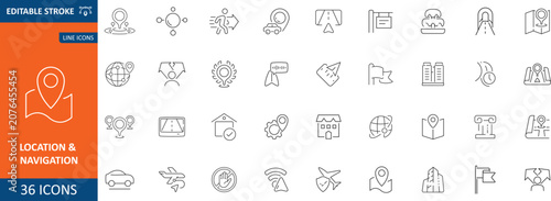 Location & Navigation icon set. Editable line icons. Vector illustration.
