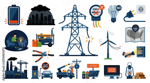 Flat Design Vector Icons: Electricity Grid, Power Outage, Energy Blackout, Utility Service, and Renewable Power Elements Set