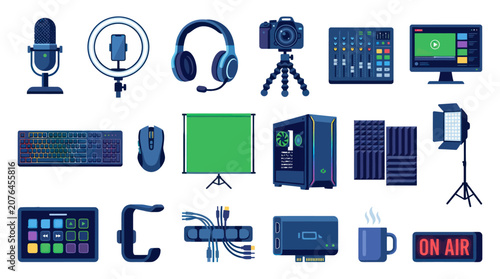 Flat Style Icons of Technology Gear for Streaming and Content Creation