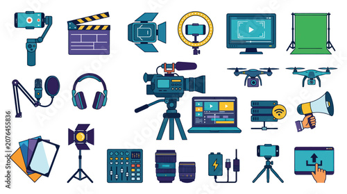 Flat Vector Icons of Video Production Equipment for Content Creation