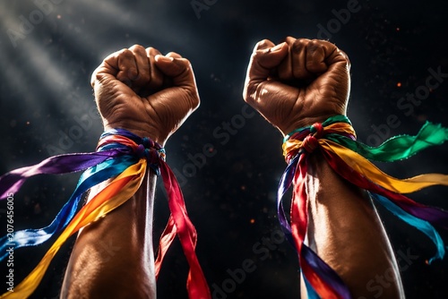 Two raised fists with colorful ribbons against a dark background.
